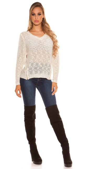 Trendy knit sweater with zips White